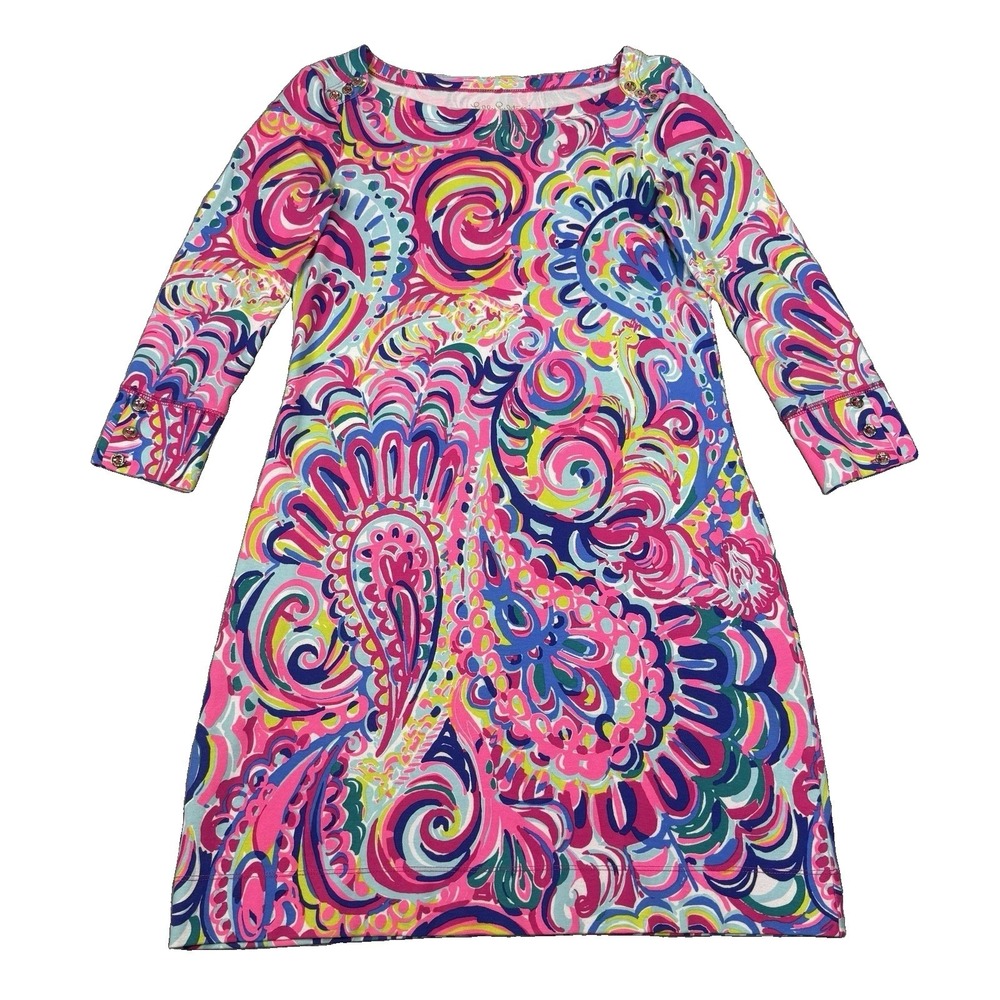 Lilly Pulitzer Sophie Dress Womens XS Pink Paisley 3/4 Sleeve Gold Button Shift